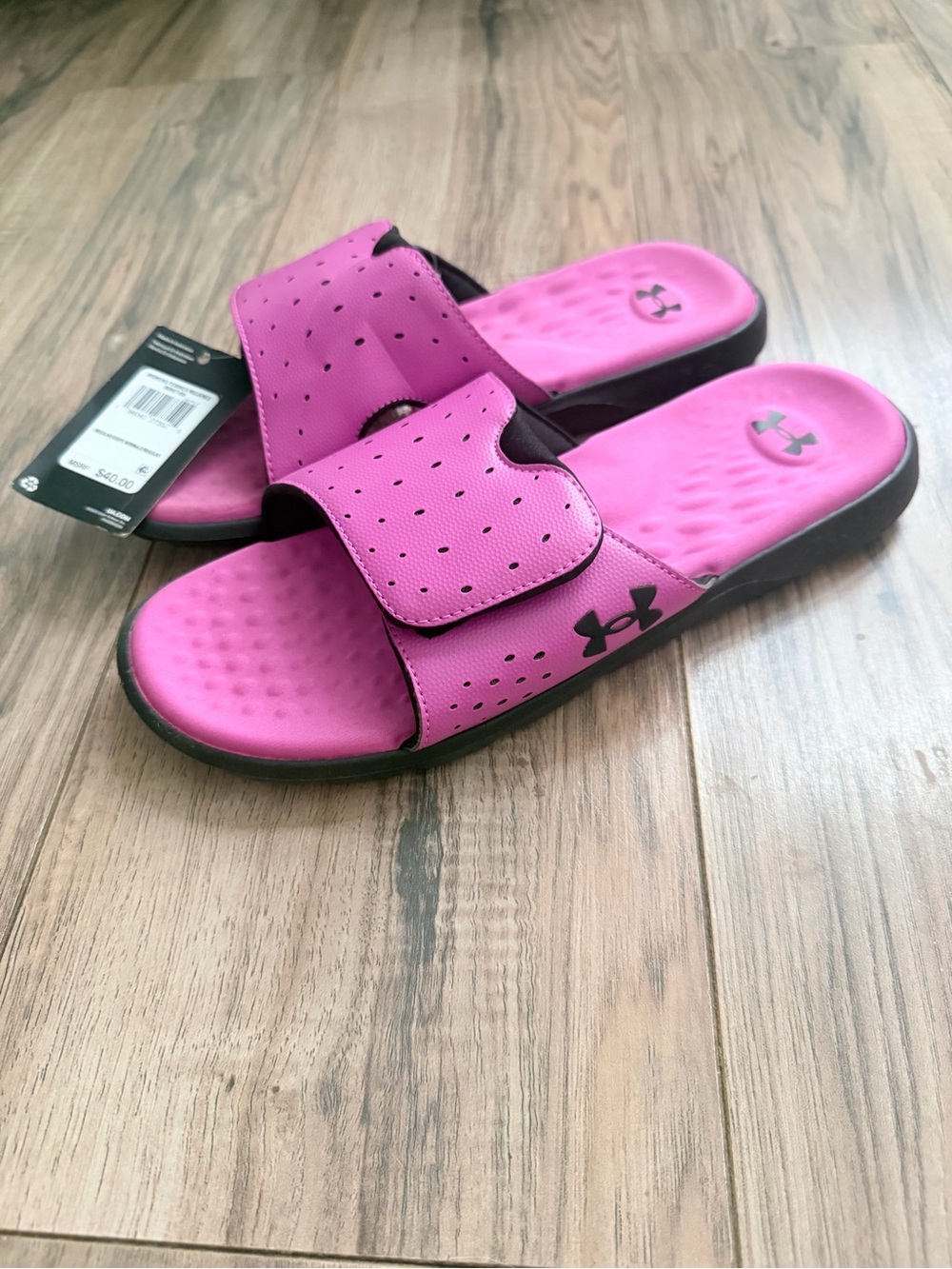 Under Armour Pink and Black Slide Sandals